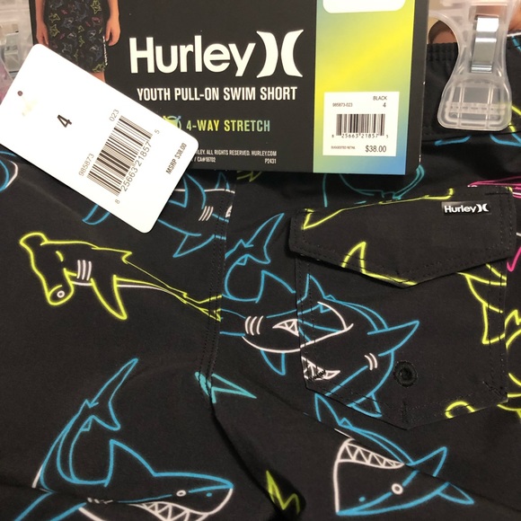Hurley Boys Swim Trunks Shorts 4 Black Sharks Drawstring Inner Lining Pocket - Picture 3 of 3